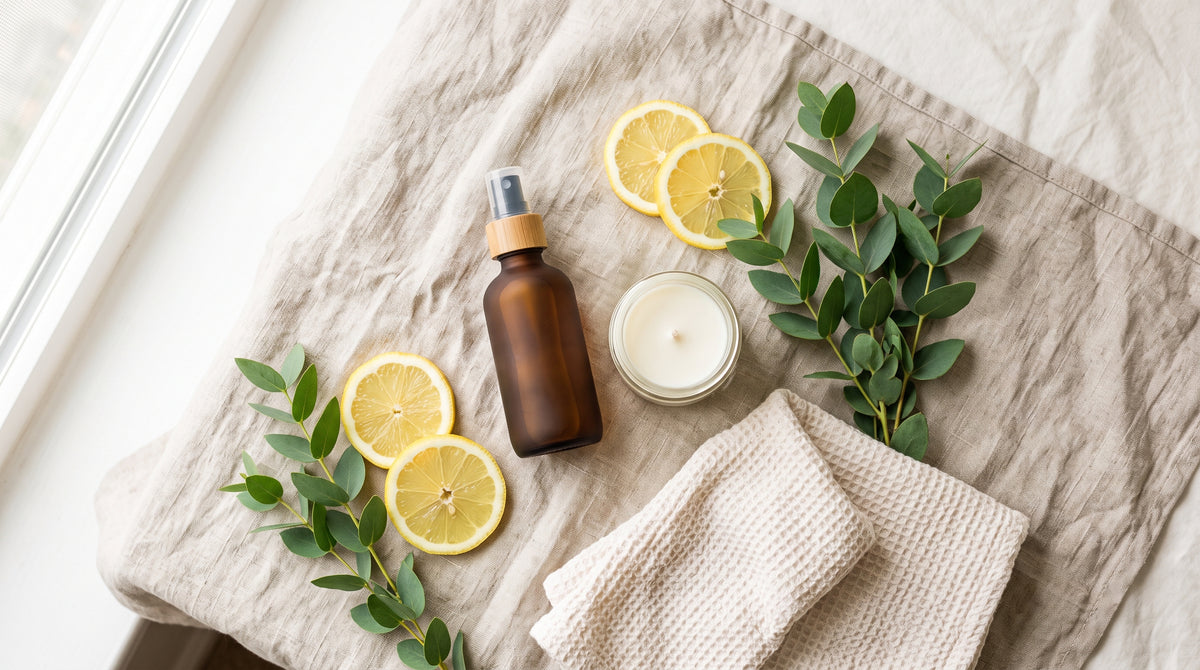 Room spray and soy candle flat lay with lemon slices and eucalyptus on linen