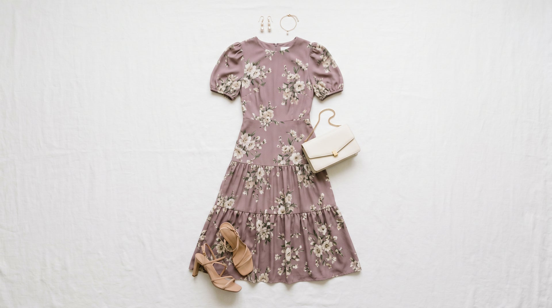 Casual chic wedding guest outfit: dusty mauve floral midi dress, strappy heeled sandals, pearl earrings and ivory clutch