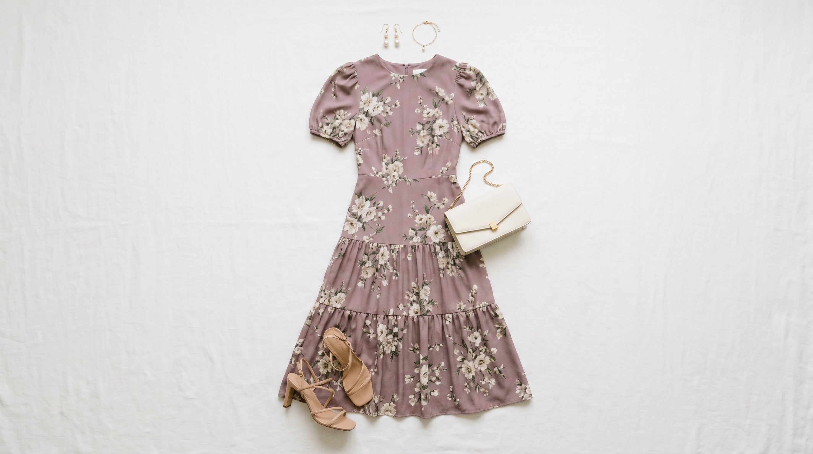 Casual chic wedding guest outfit: dusty mauve floral midi dress, strappy heeled sandals, pearl earrings and ivory clutch