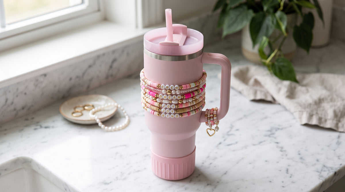 Styled tumbler with beaded bracelet stacks and accessories