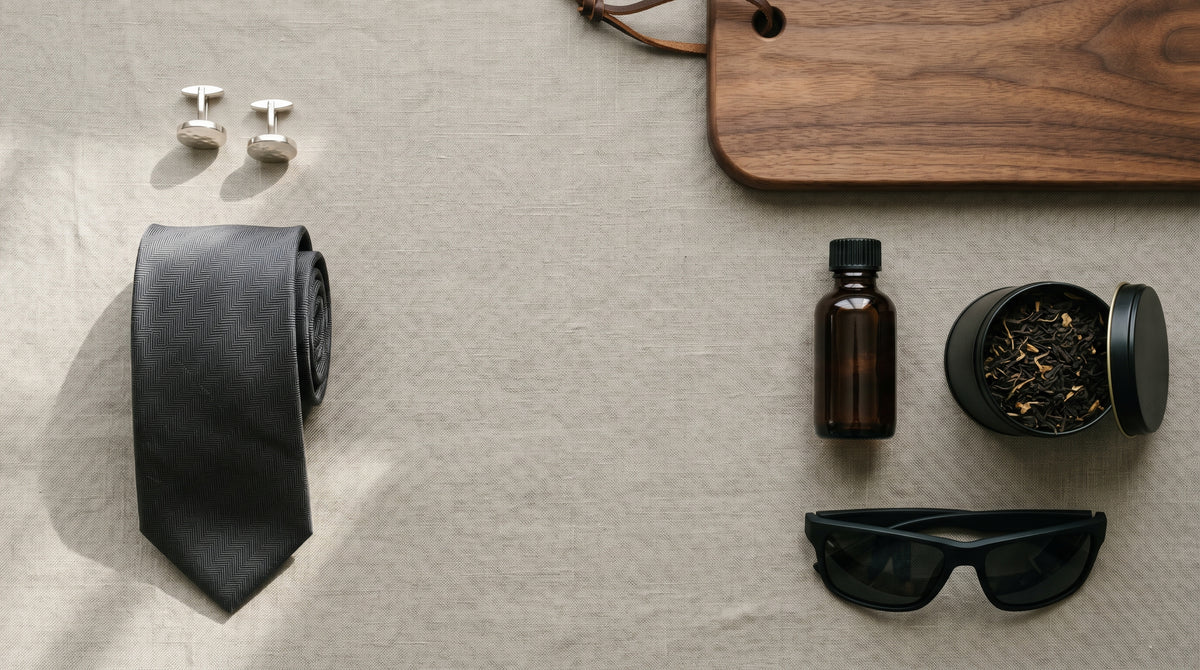 Father's Day gift flat lay: cufflinks, silk tie, walnut board, grooming bottle, loose-leaf tea and sunglasses