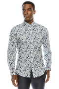 Close up of a floral print cotton button down dress shirt for men or women