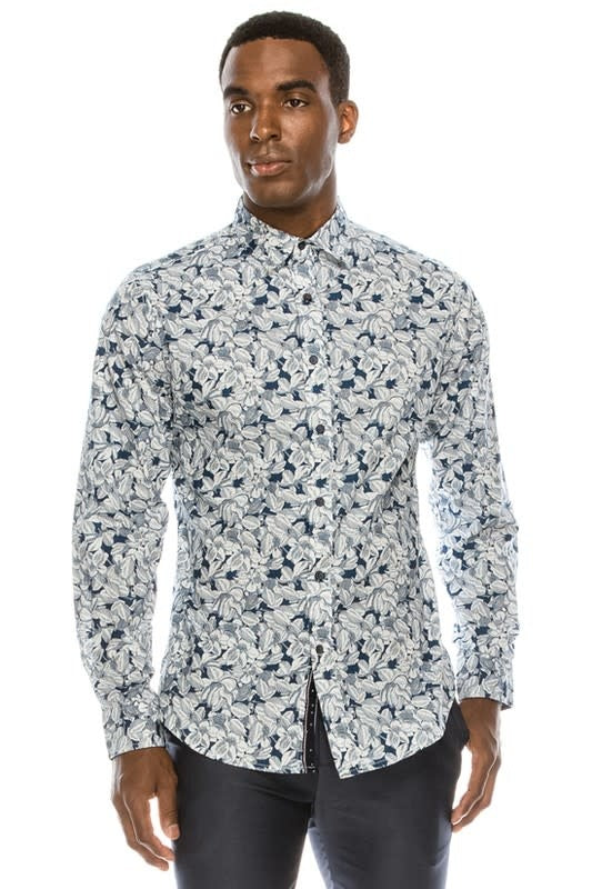 Close up of a floral print cotton button down dress shirt for men or women