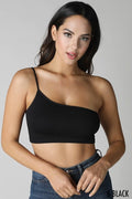 Close-up of a stylish one-shoulder ribbed bralette in a neutral, stretch-fit fabric
