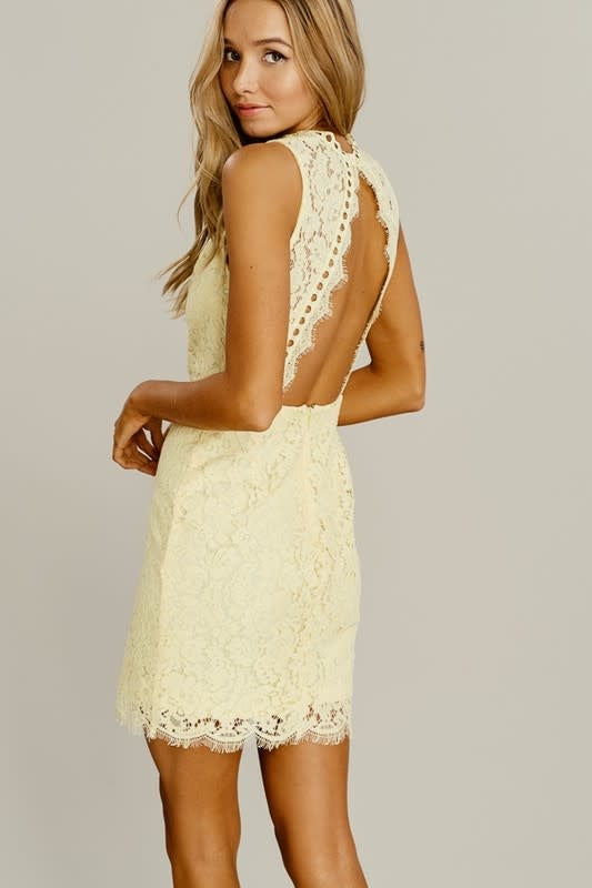 Light Yellow Lace Mini Dress with High Neck Sleeveless Shift Fit
