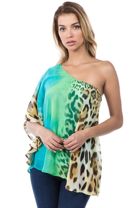 One-shoulder chiffon top with turquoise, green, and leopard print pattern
