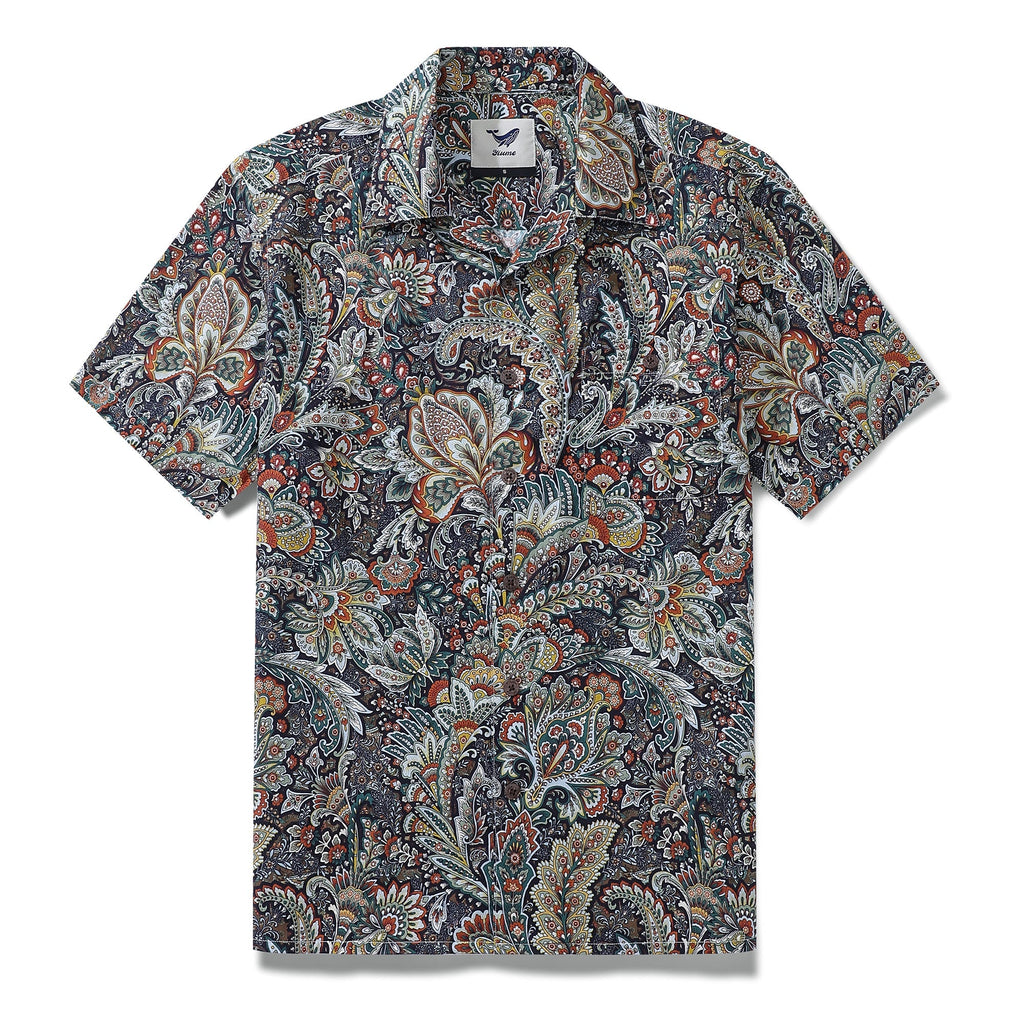 Men wearing a vintage scrollwork print camp collar shirt in cotton.