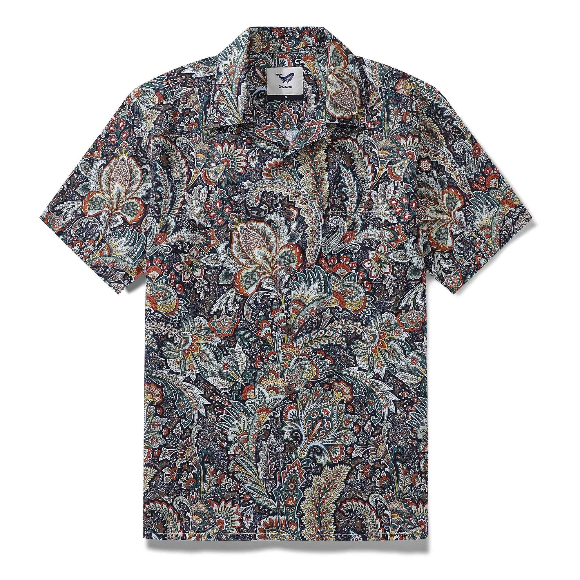 Men wearing a vintage scrollwork print camp collar shirt in cotton.