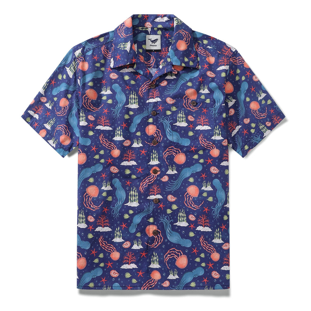 Men's cotton camp collar Hawaiian shirt with navy blue and coral underwater sea creature print