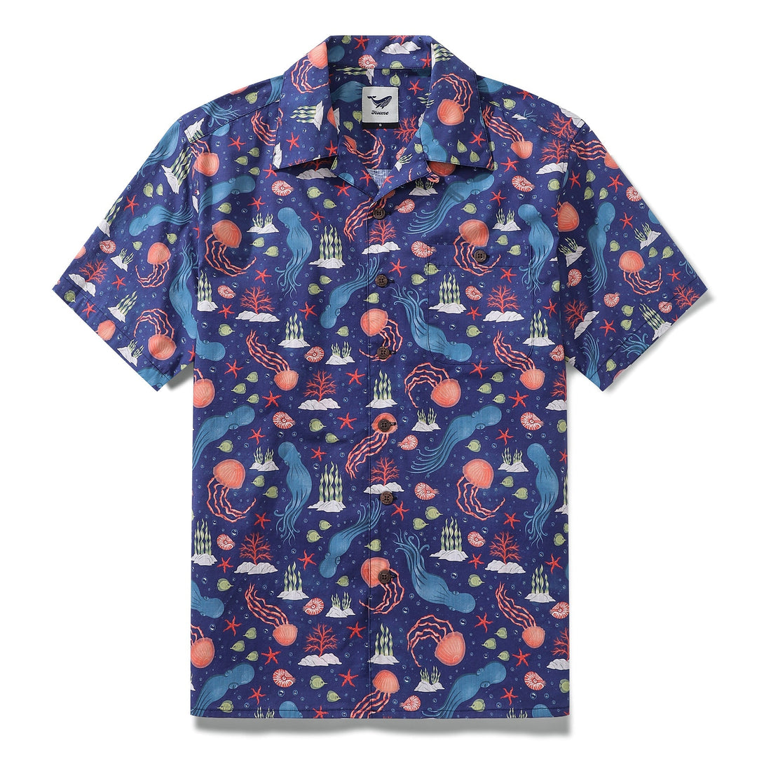 Men's cotton camp collar Hawaiian shirt with navy blue and coral underwater sea creature print