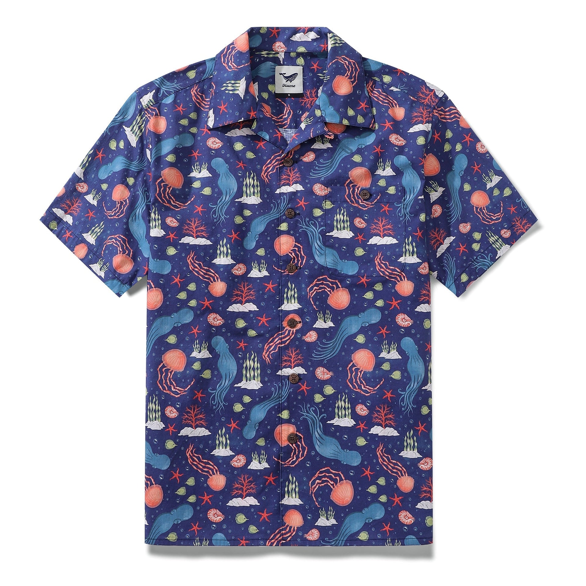 Men's cotton camp collar Hawaiian shirt with navy blue and coral underwater sea creature print