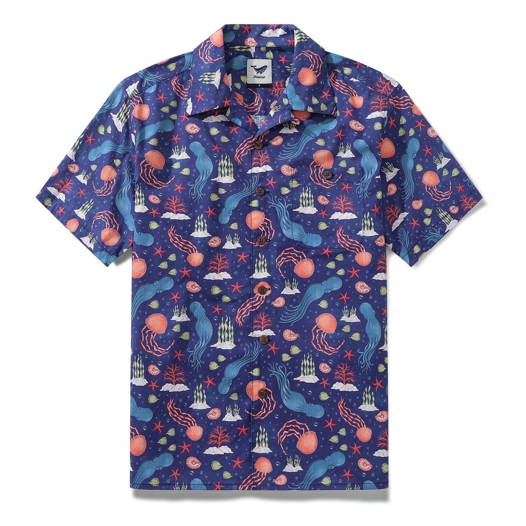 Men's cotton camp collar Hawaiian shirt with navy blue and coral underwater sea creature print