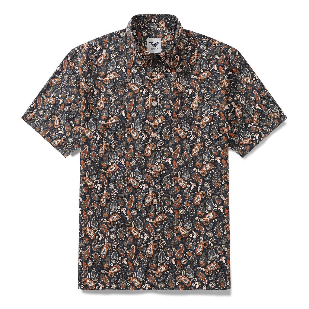 Men's vintage cotton Hawaiian shirt featuring a terracotta and camel paisley floral print with palm trees.