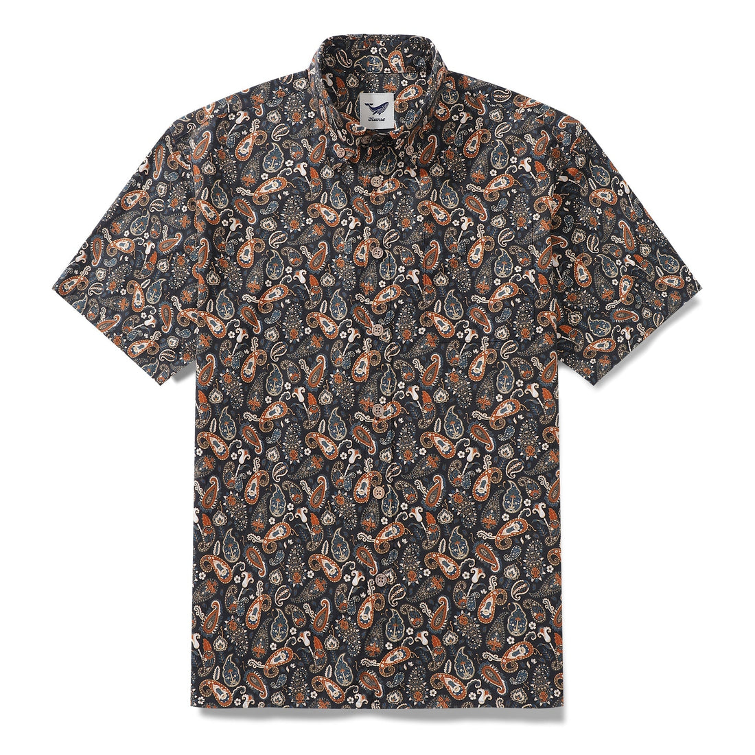 Men's vintage cotton Hawaiian shirt featuring a terracotta and camel paisley floral print with palm trees.