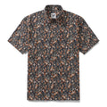 Men's vintage cotton Hawaiian shirt featuring a terracotta and camel paisley floral print with palm trees.