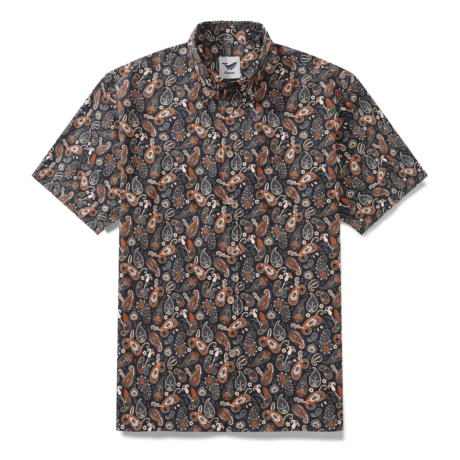 Men's vintage cotton Hawaiian shirt featuring a terracotta and camel paisley floral print with palm trees.