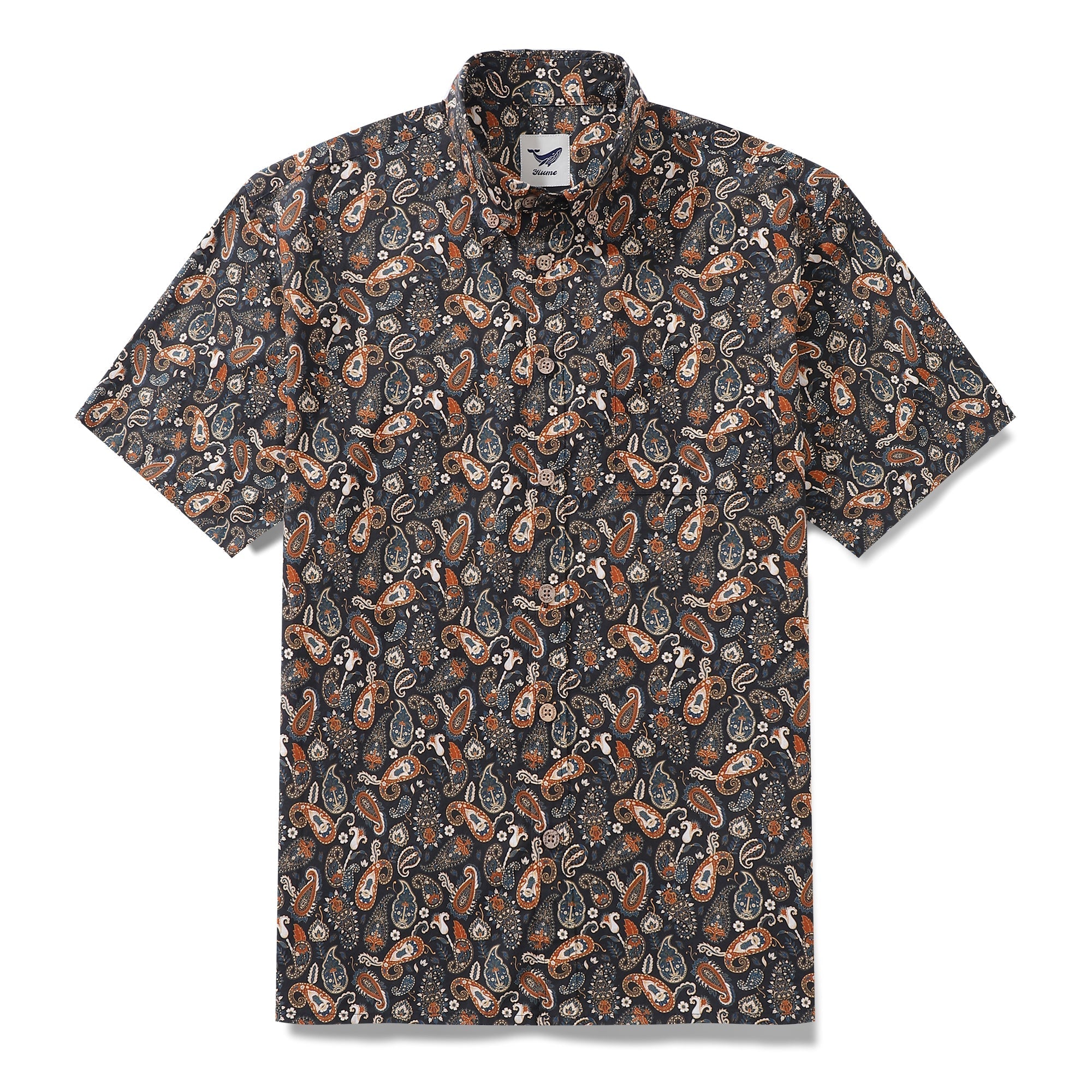 Men's vintage cotton Hawaiian shirt featuring a terracotta and camel paisley floral print with palm trees.
