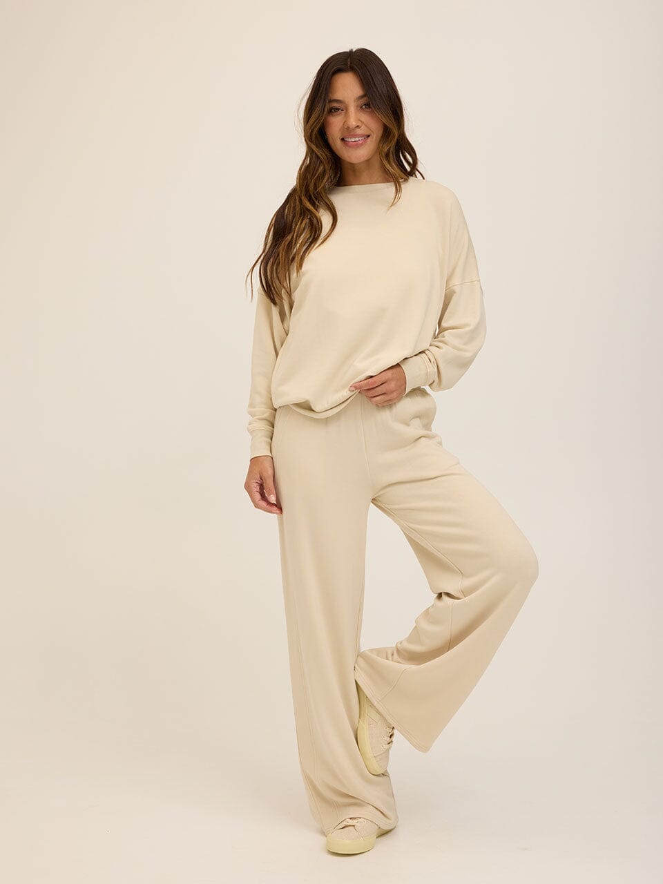 Core Feather Fleece High-Rise Wide-Leg Sweatpant in Cream