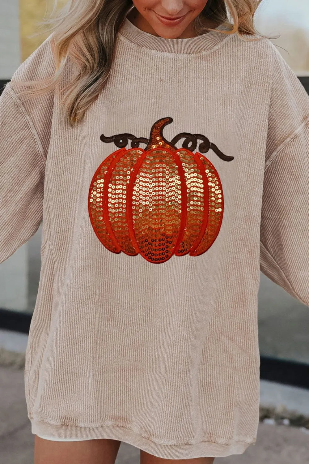 Women's Sequin Pumpkin Round Neck Long Sleeve Ribbed Sweatshirt