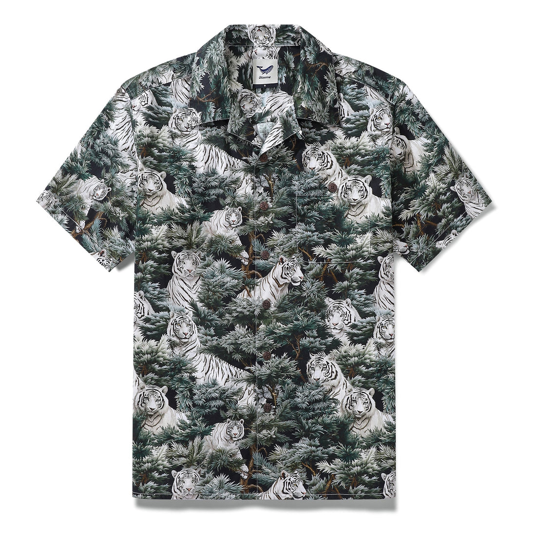 Men's Hawaiian shirt with white tiger print and camp collar in black, white, and green cotton.