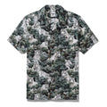 Men's Hawaiian shirt with white tiger print and camp collar in black, white, and green cotton.