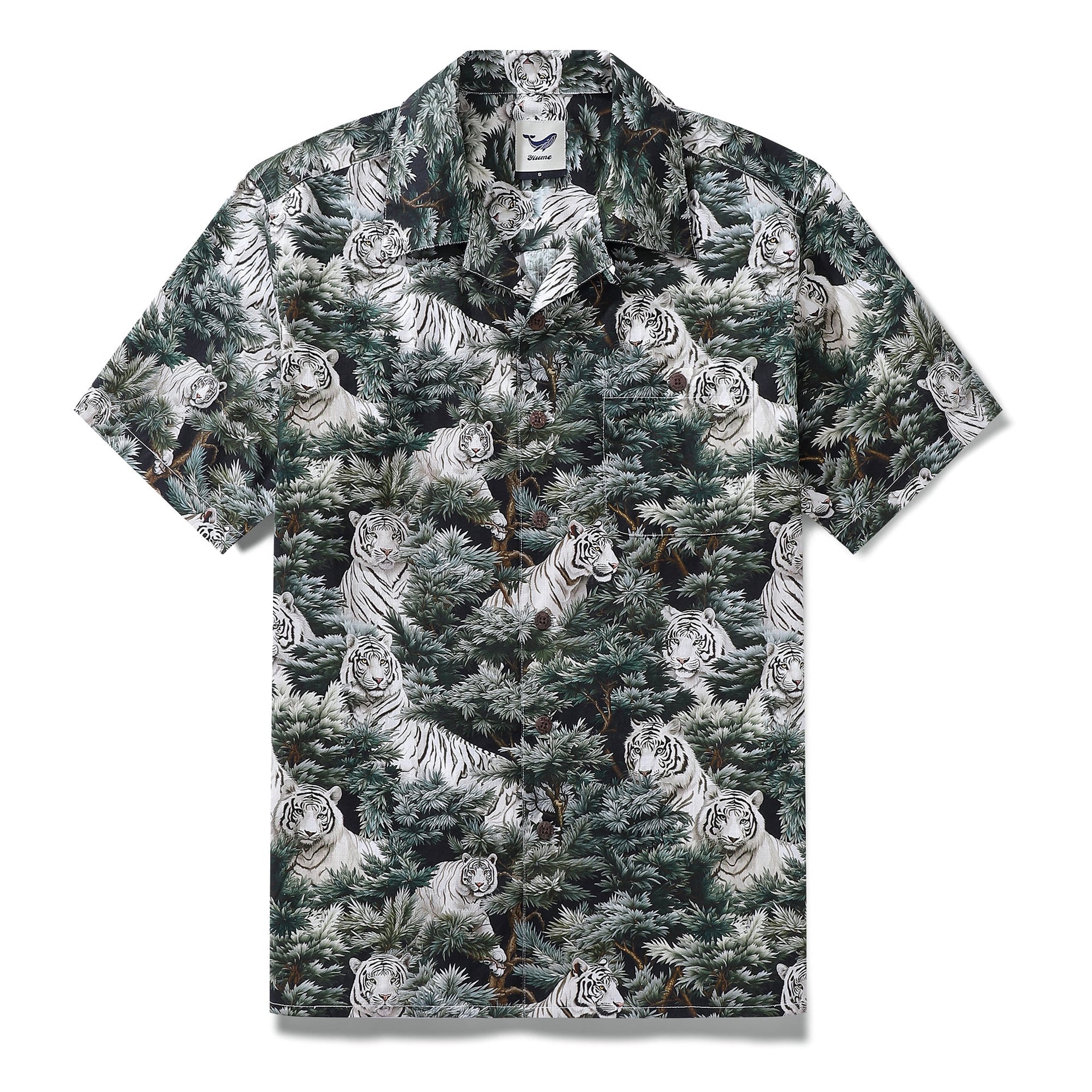 Men's Hawaiian shirt with white tiger print and camp collar in black, white, and green cotton.