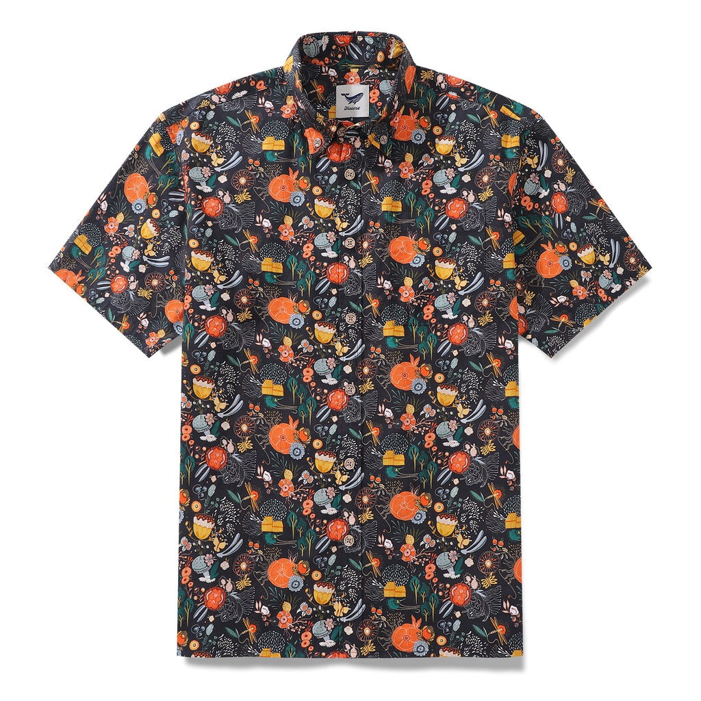 Men's black Hawaiian shirt with Secret Garden floral print, short sleeves, and button-down front.