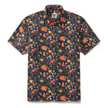 Men's black Hawaiian shirt with Secret Garden floral print, short sleeves, and button-down front.