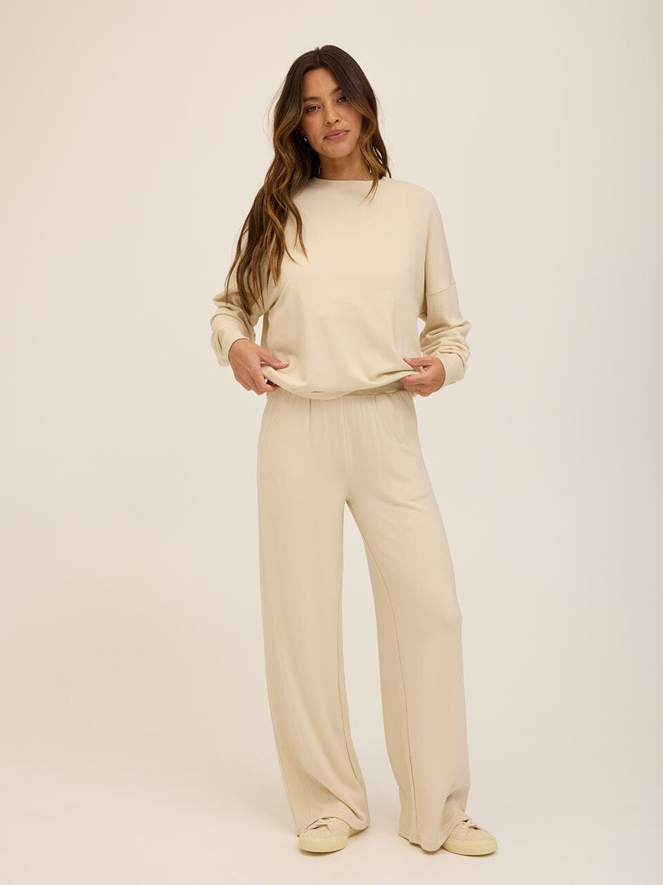 Core Feather Fleece High-Rise Wide-Leg Sweatpant in Cream