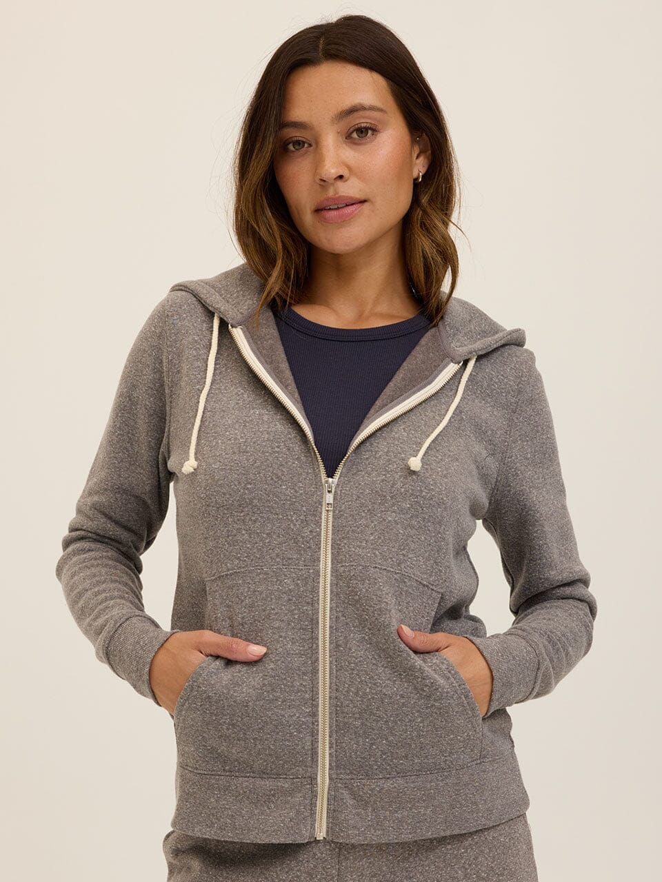 Women's Core Triblend Fleece Classic Zip Hoodie in grey knit fabric.