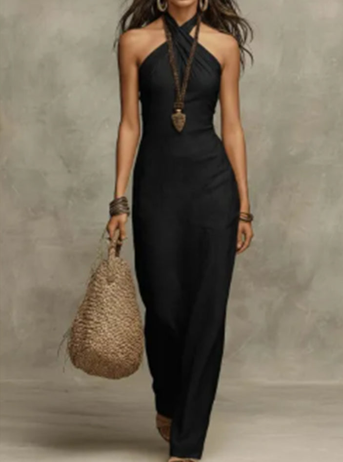 Women's Casual Halter Neck Maxi Jumpsuit Solid Color - Image 3