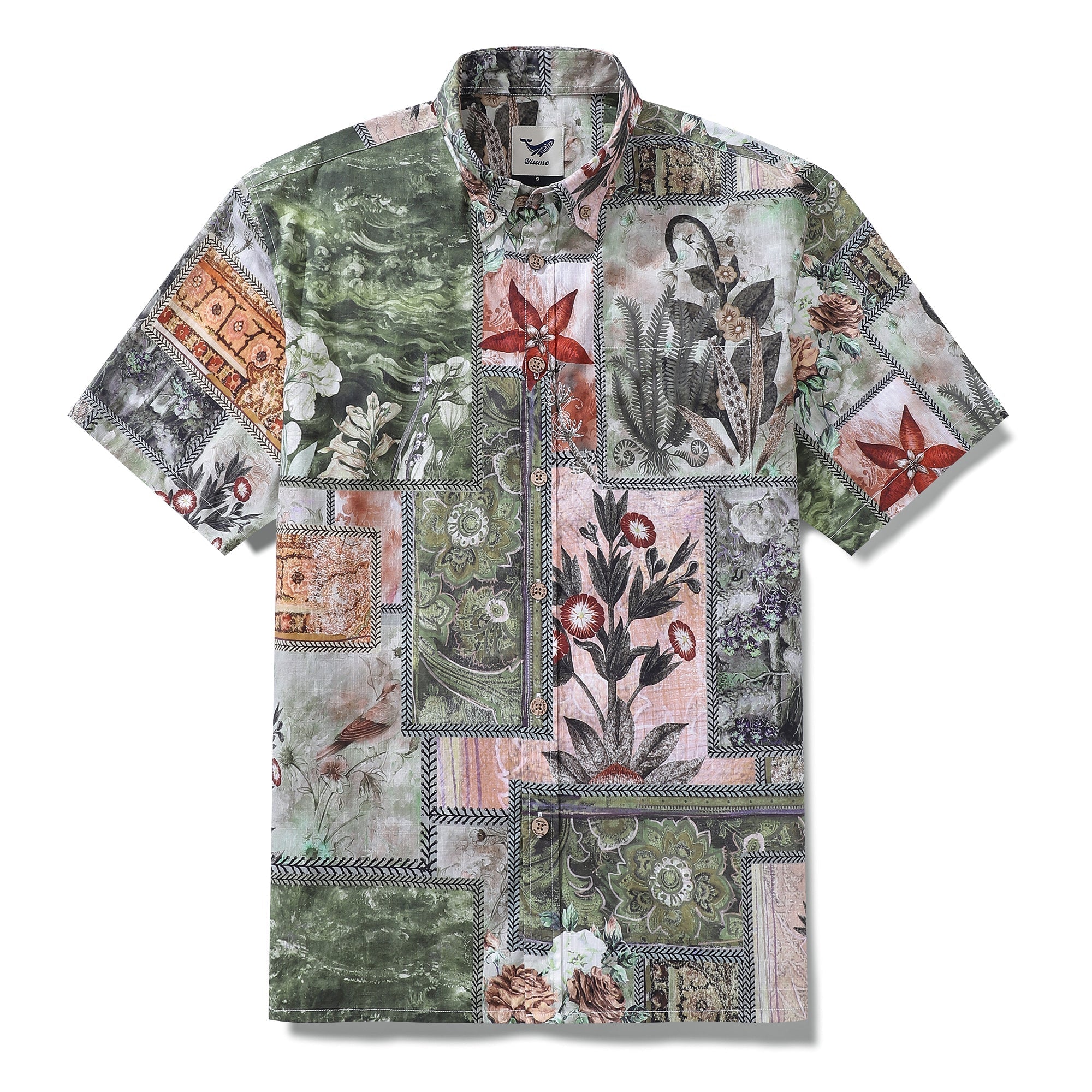 Men's Hawaiian shirt with retro patchwork decorative motifs in green, brown, and pink cotton fabric