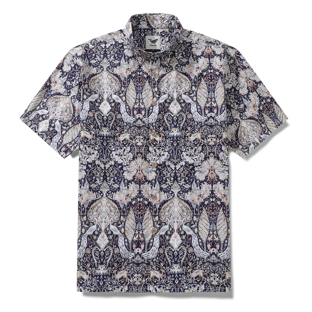 Men's vintage-style Hawaiian shirt in navy with a symmetrical peacock and botanical print.