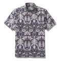 Men's vintage-style Hawaiian shirt in navy with a symmetrical peacock and botanical print.