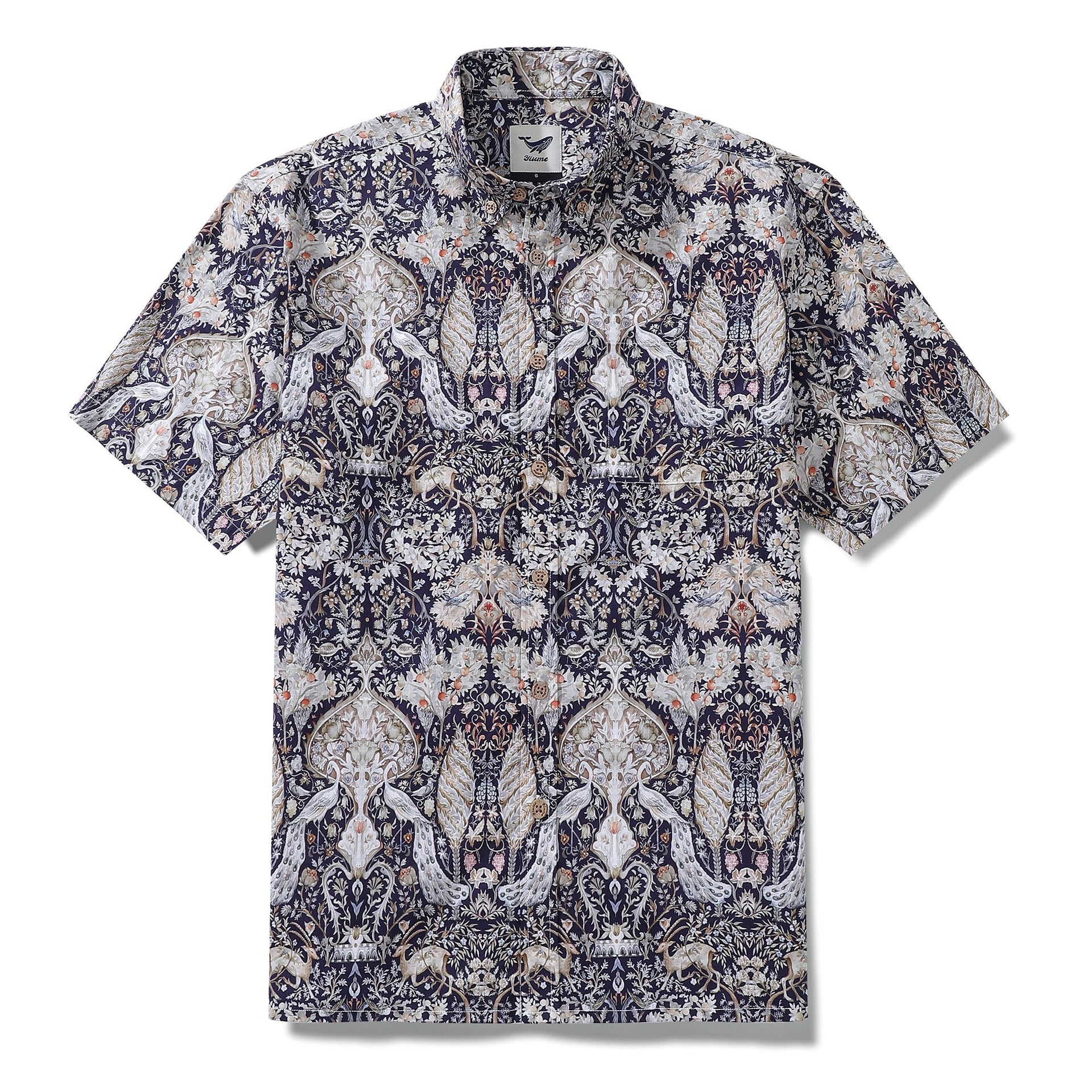 Men's vintage-style Hawaiian shirt in navy with a symmetrical peacock and botanical print.