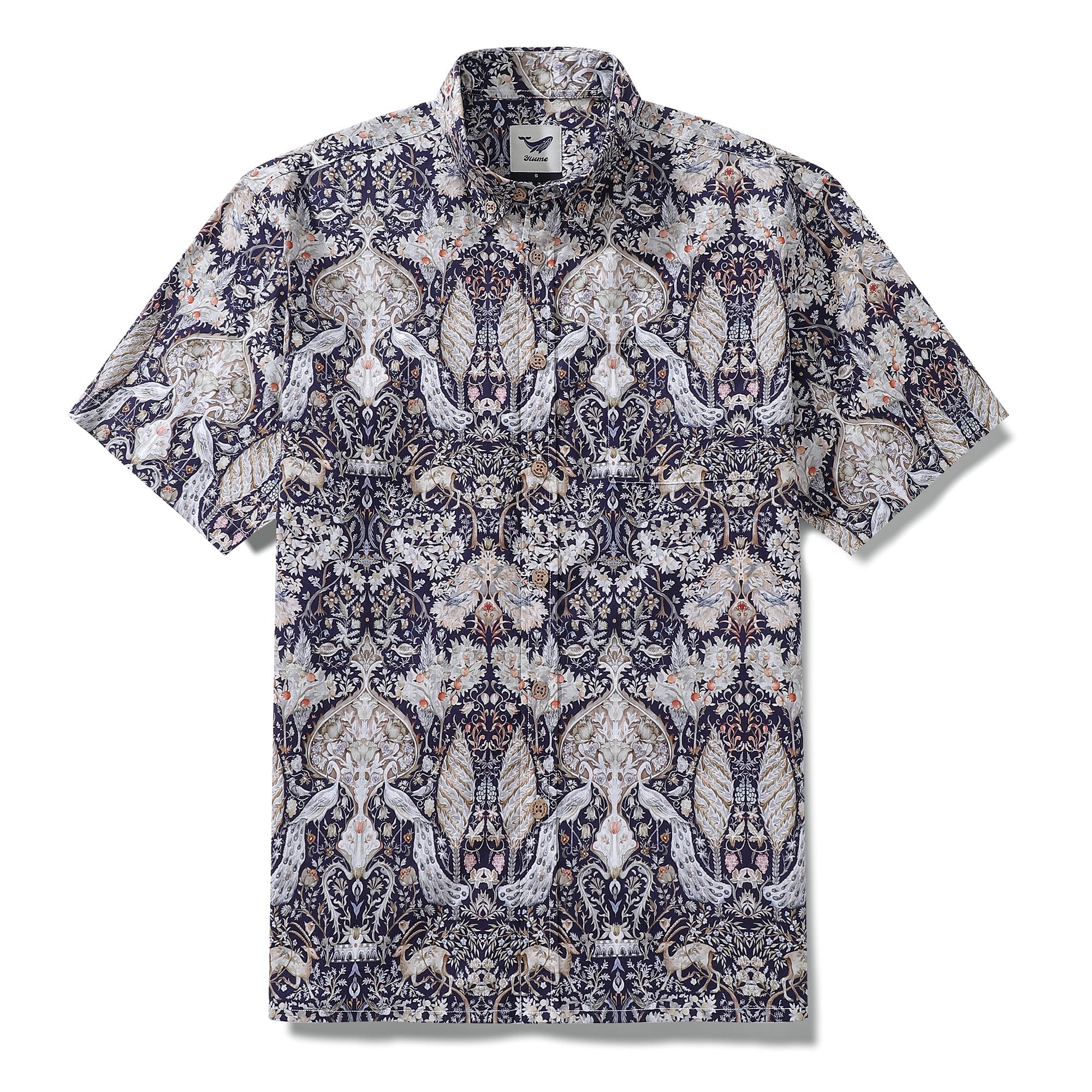 Men's vintage-style Hawaiian shirt in navy with a symmetrical peacock and botanical print.