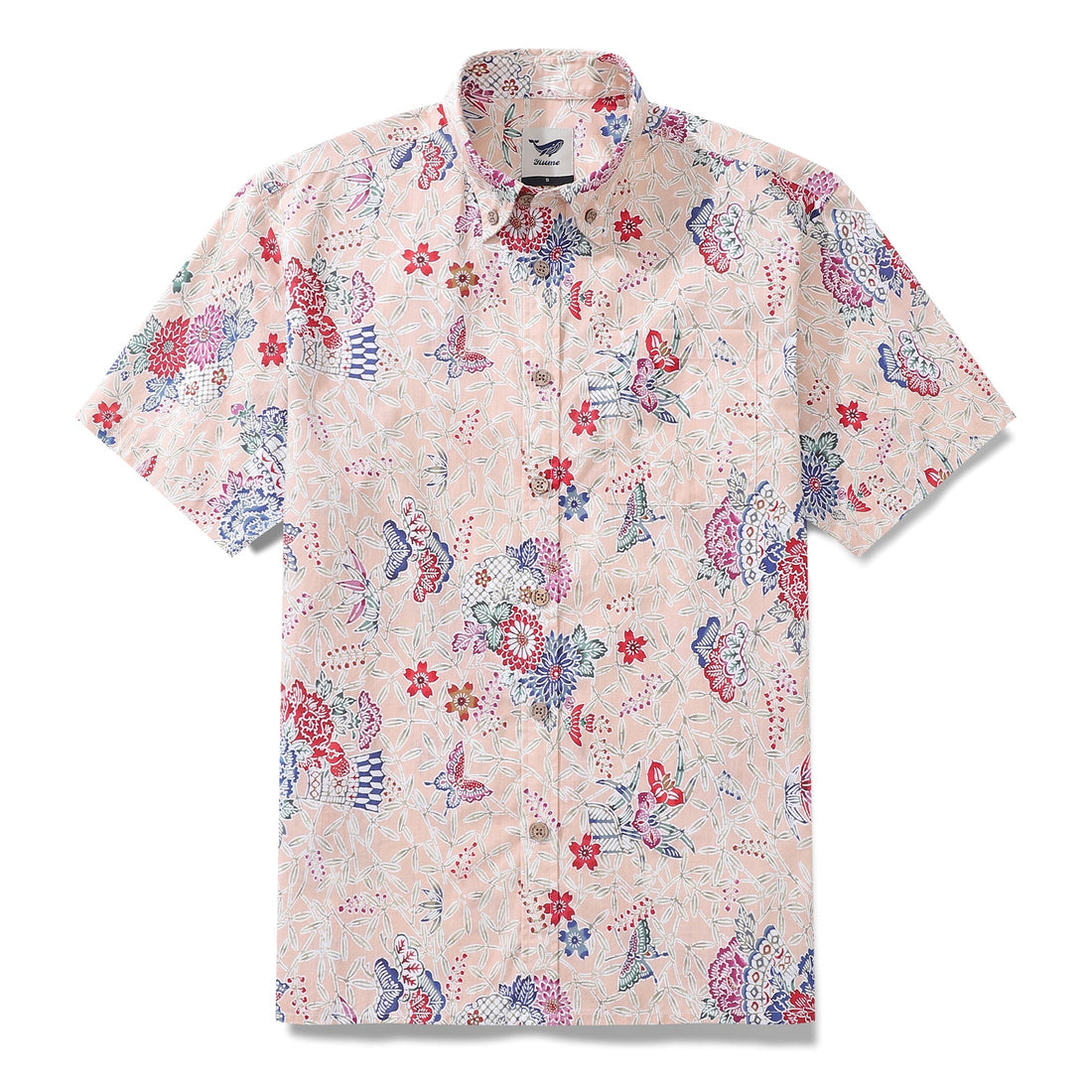 Men's cotton button-down Hawaiian shirt with bamboo, butterfly, and peony floral print