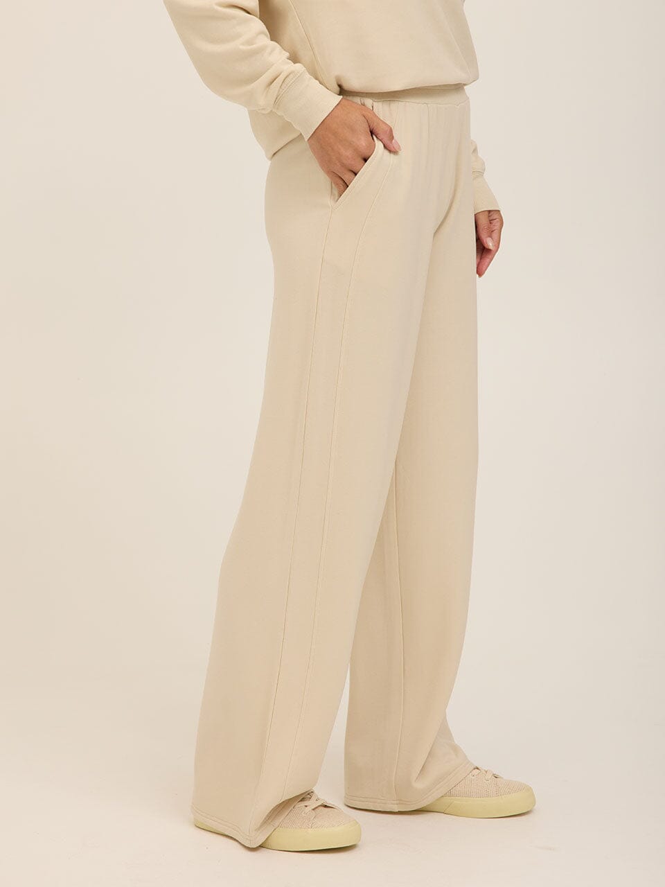 Core Feather Fleece High-Rise Wide-Leg Sweatpant in Cream