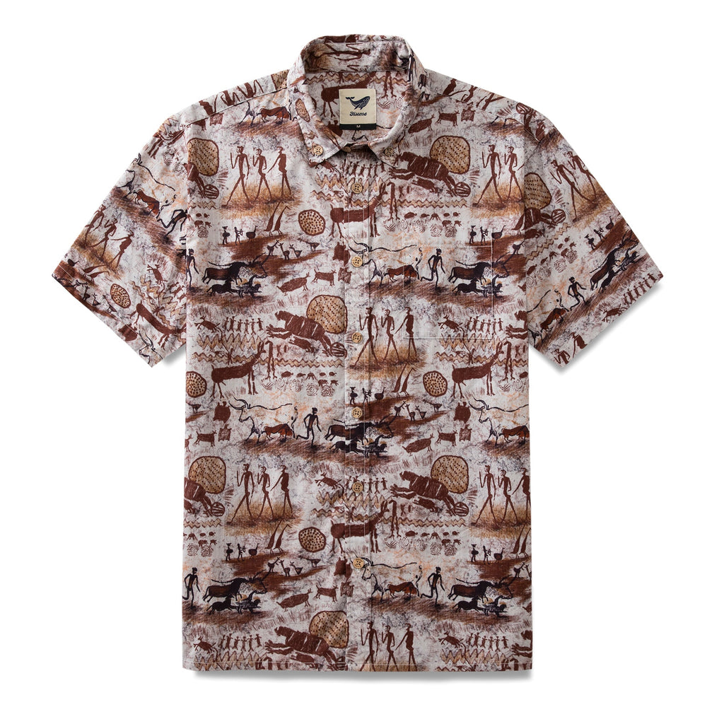 Vintage-style Aloha shirt with ancient Stone Age cave painting print