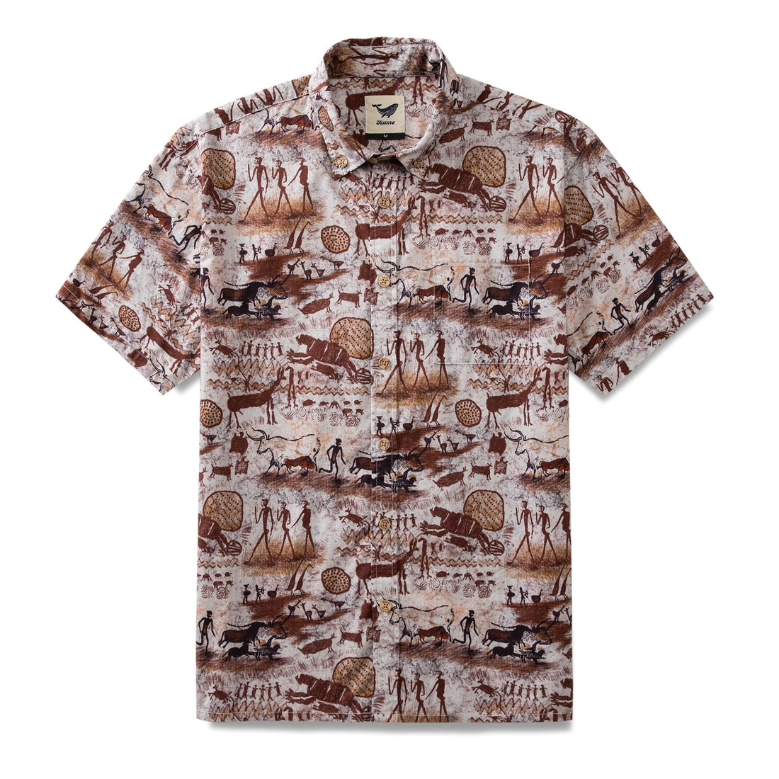 Vintage-style Aloha shirt with ancient Stone Age cave painting print