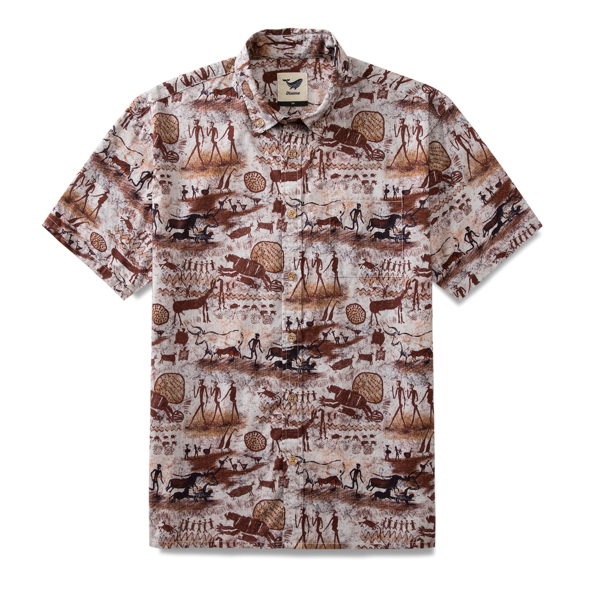 Vintage-style Aloha shirt with ancient Stone Age cave painting print