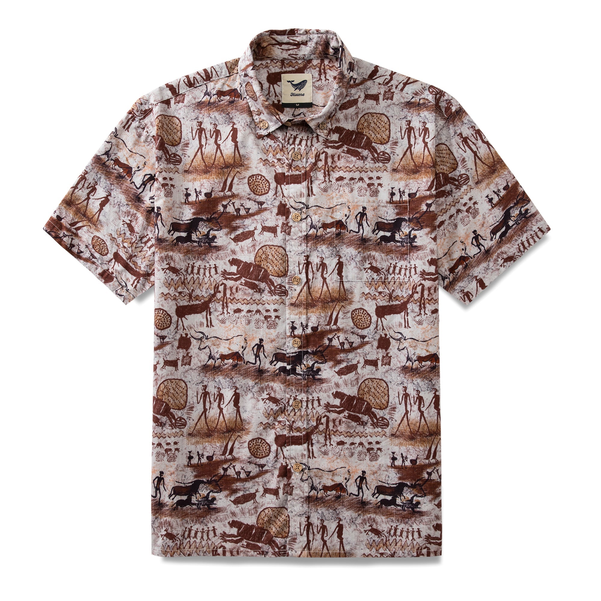 Vintage-style Aloha shirt with ancient Stone Age cave painting print