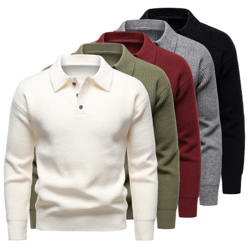 Men's black British-style polo collar sweater with ribbed hem and batwing sleeves