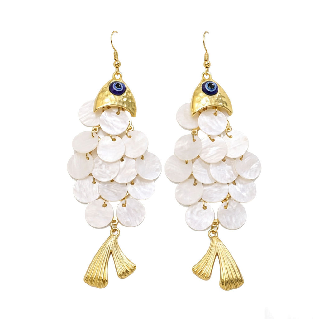 Women Fish Shape Faux Shell Tassel Drop Earrings With Eye Detail, PVD Gold Plated Boho Beach Vacation Statement Jewelry