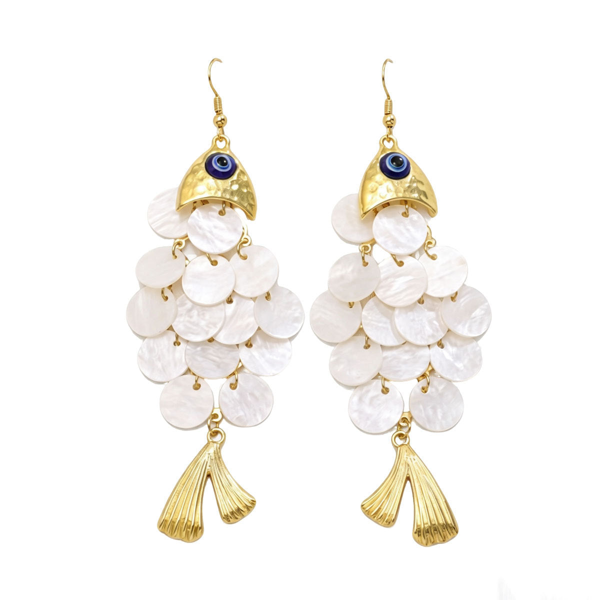 Women Fish Shape Faux Shell Tassel Drop Earrings With Eye Detail, PVD Gold Plated Boho Beach Vacation Statement Jewelry