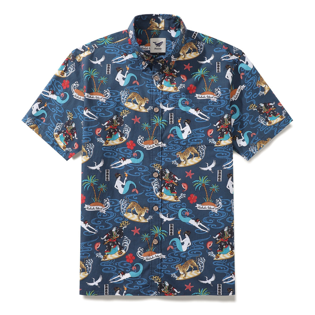Men's navy blue cotton Aloha shirt with vibrant Kabuki actors, tigers, and geisha mermaid print