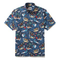 Men's navy blue cotton Aloha shirt with vibrant Kabuki actors, tigers, and geisha mermaid print