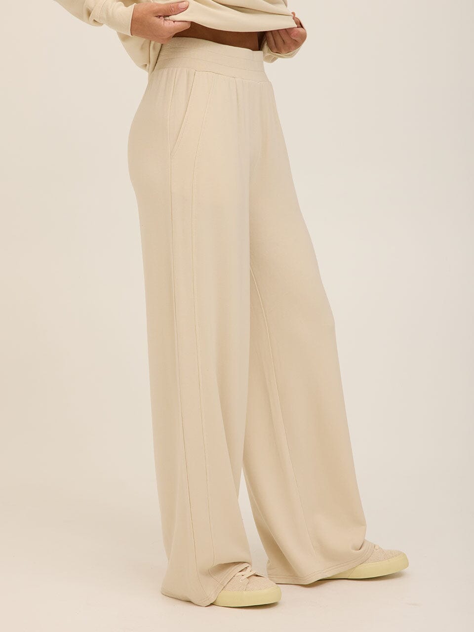 Core Feather Fleece High-Rise Wide-Leg Sweatpant in Cream