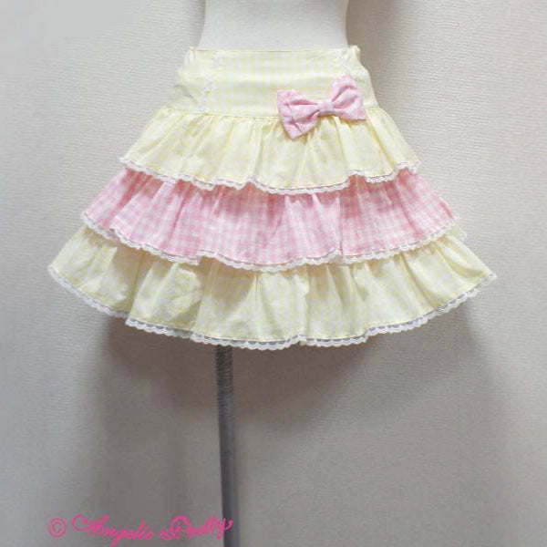 Yellow Pink Gingham Tiered Ruffle Mini Skirt with Bow - Image 5
