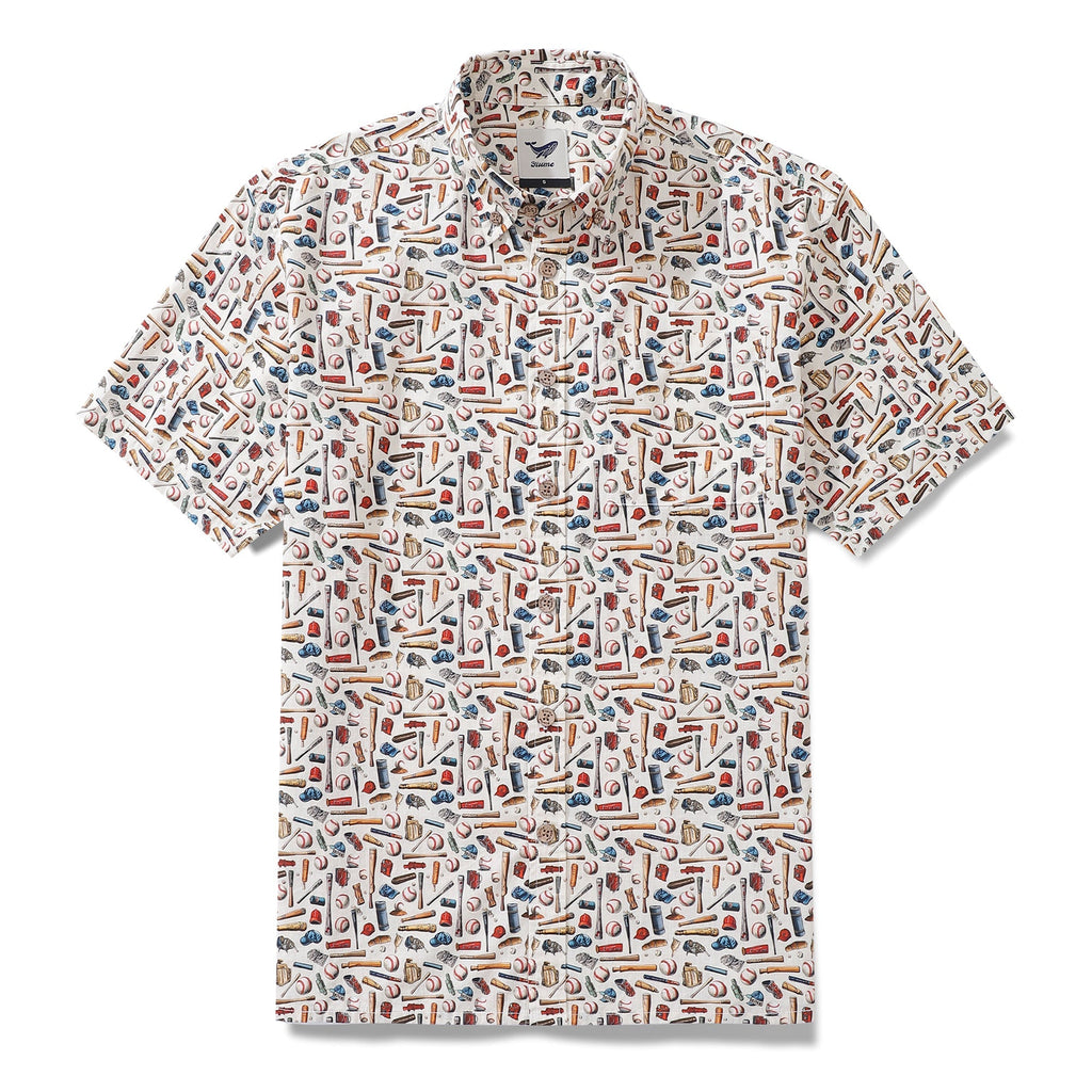 Men's white Hawaiian shirt featuring a baseball-themed Field of Dreams print with bats and caps.
